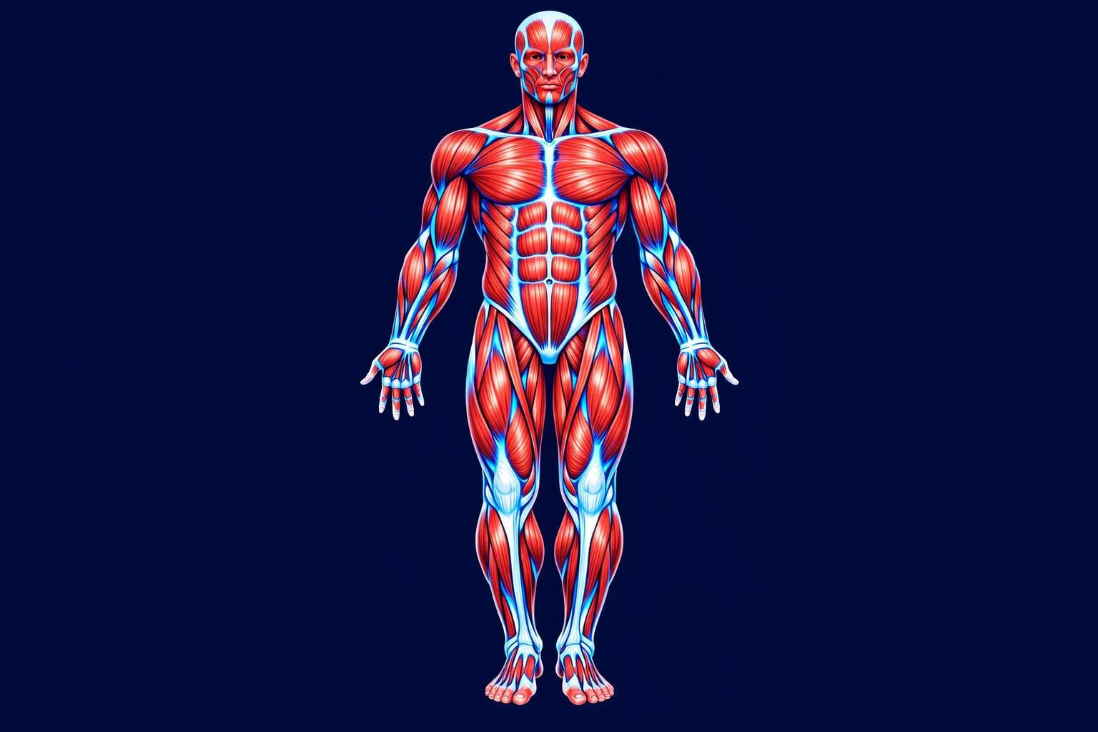 Illustration anatomique des muscles du corps humain sur fond bleu marine