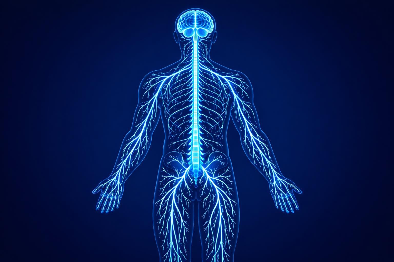 Illustration anatomique du système nerveux humain sur fond bleu marine